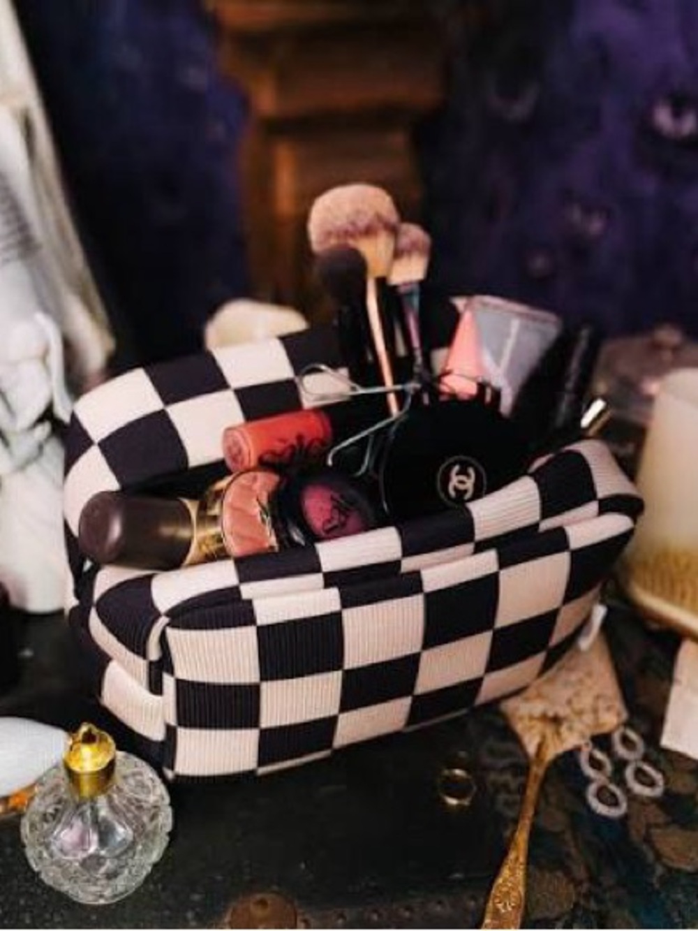 Staykation Black & Sand Checkerboard Cosmetic Bag
